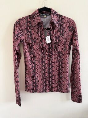 New! Alexa Chung Pink Snake-Print Long Sleeve Blouse
